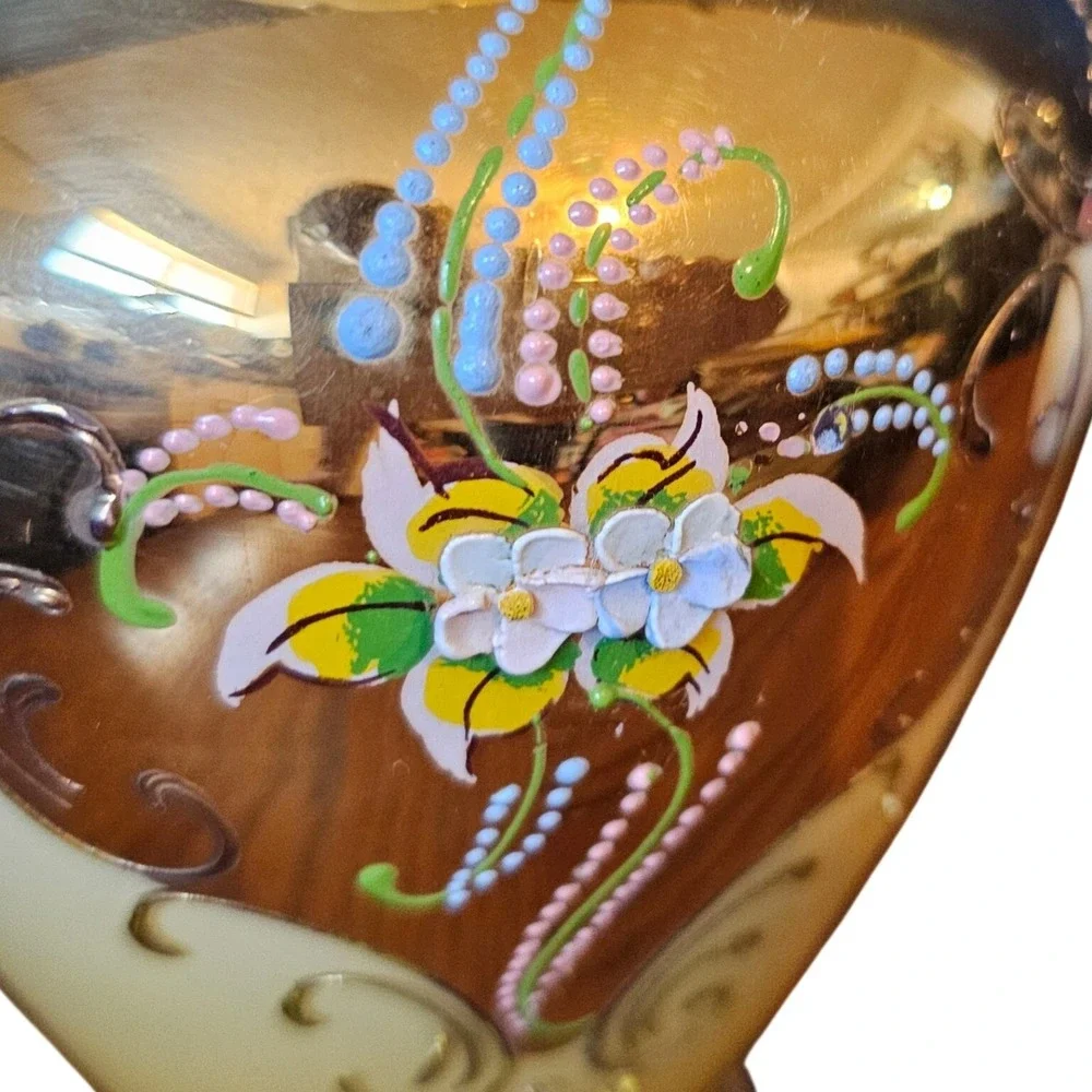 Vintage Bohemian Art Glass Mirror Gold Hand-Painted Raised Enamel Mid Century